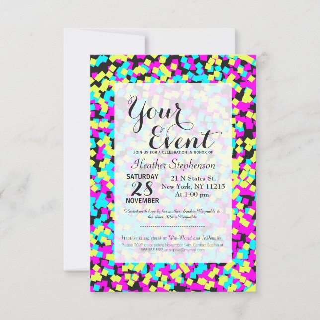 Neon Multi-Colored Fun Confetti Invitation (Front)
