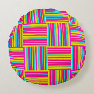 Neon Multi Colored Weaved Squares Round Pillow