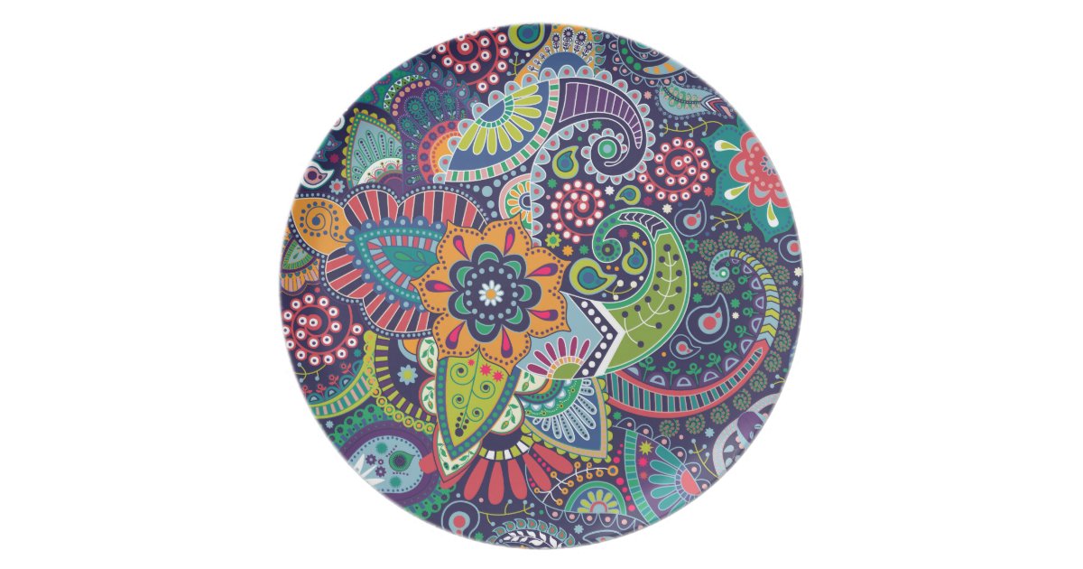 Neon Multicolor floral Paisley pattern Melamine Plate ...