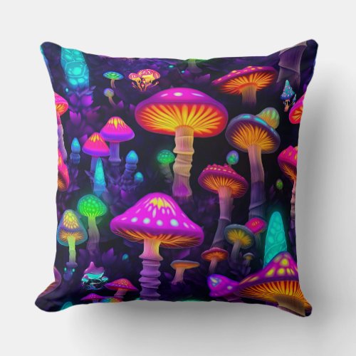 Neon Mushroom Delight Vibrant Throw Pillow