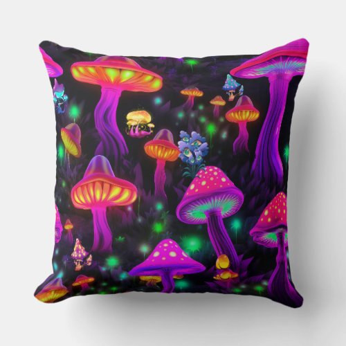 Neon Mushroom Delight Vibrant Throw Pillow