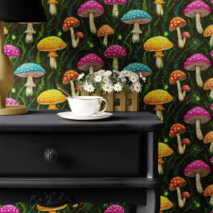 Neon Mushrooms and Ferns Wallpaper
