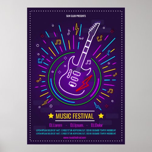Neon music background with electric guitar Poster