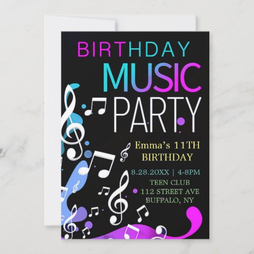 Neon Music Birthday Party Invitation