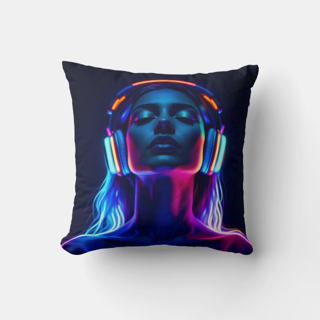 Neon Music Meditation – Woman with Headphones Art Throw Pillow (Front)