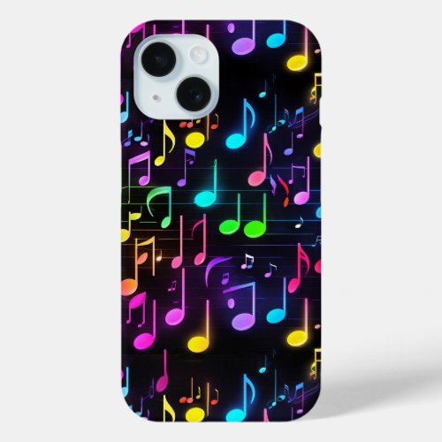 Neon Music Notes On Black iPhone 15 Case