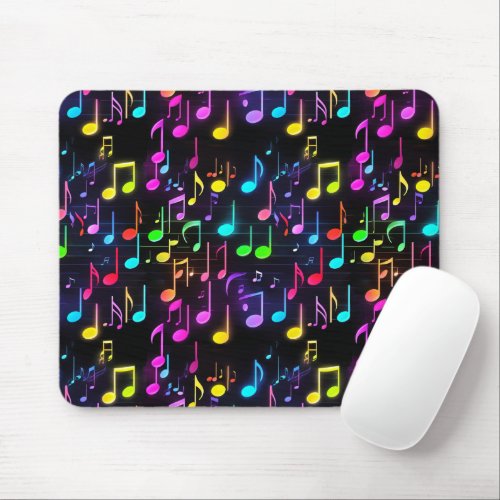 Neon Music Notes On Black Mouse Pad