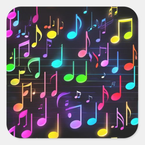 Neon Music Notes On Black Square Sticker