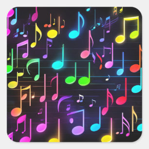 Neon Music Notes On Black Square Sticker