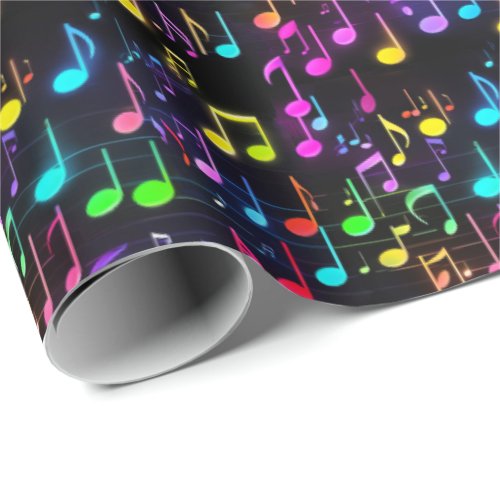 Neon Music Notes On Black Wrapping Paper