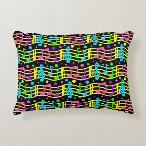 Neon Music Notes Pink Purple Blue Green Yellow Accent Pillow
