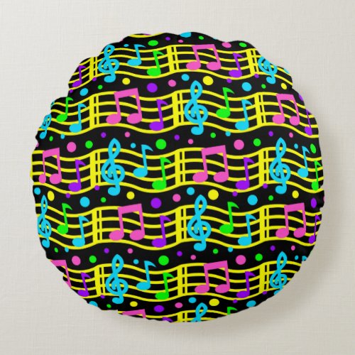 Neon Music Notes Pink Purple Blue Green Yellow Round Pillow
