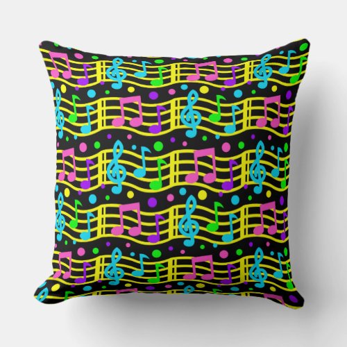 Neon Music Notes Pink Purple Blue Green Yellow Throw Pillow