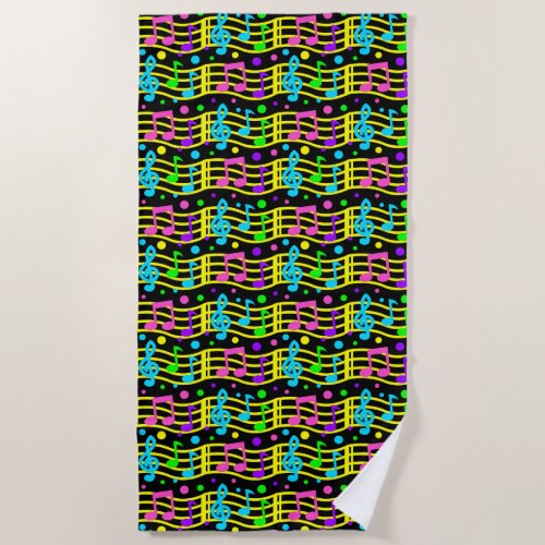 Neon Music Song Notes Pink Purple Blue Yellow Beach Towel