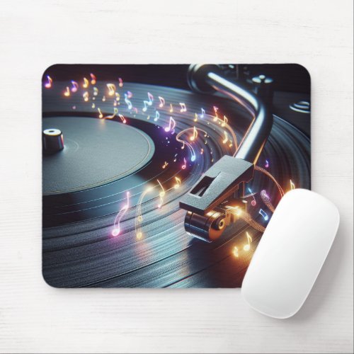 Neon Musical Notes Emanating From Turntable Mouse Pad