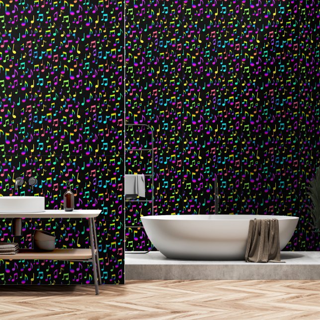 Neon Musical Notes On Black Wallpaper (Bathroom)