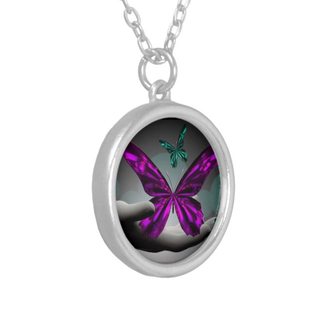 Neon Mystic Butterflies Silver Plated Necklace (Front Left)