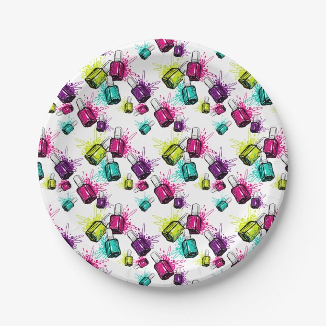 Neon Nail Polish Pattern Paper Plates (Front)