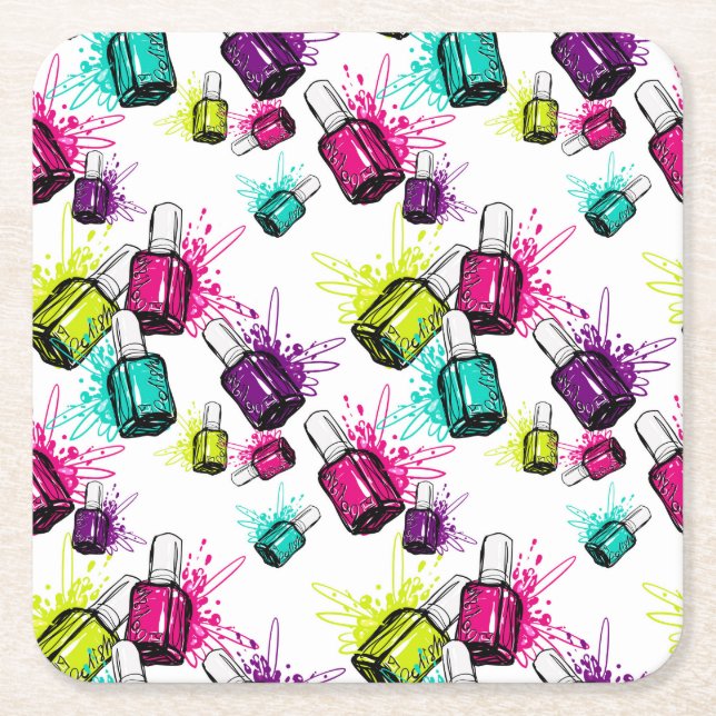 Neon Nail Polish Pattern Square Paper Coaster (Front)