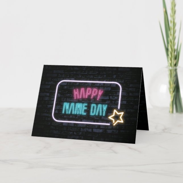 Neon Name Day Marquee On Brick Card (Front)
