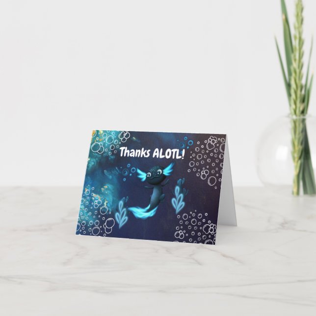 Neon & Navy Blue Axolotl Underwater Boy Birthday Thank You Card (Front)