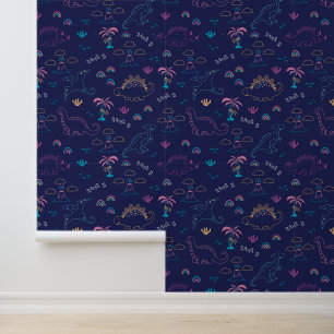 Neon Navy Dinosaur Doodle Wallpaper