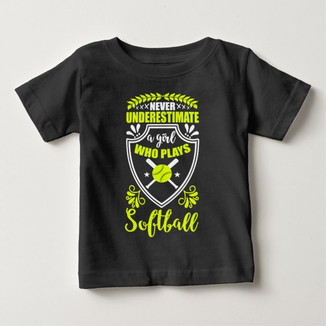 Neon Never Underestimate A Girl Who Plays Softball Baby T-Shirt (Front)