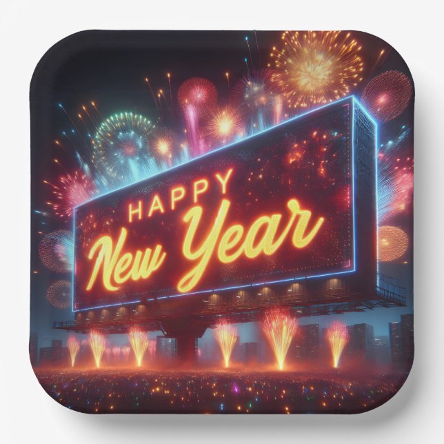 Neon New Year Billboard Paper Plates (Front)