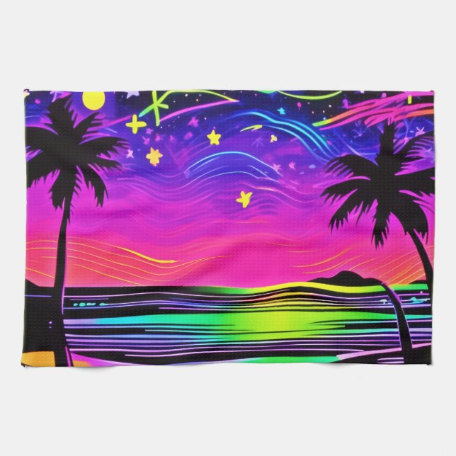 Neon Night Beachscape Kitchen Towel (Horizontal)