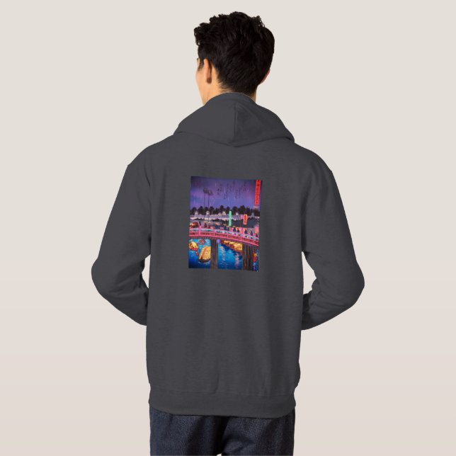 Neon Night Edo: Cyberpunk Nihonbashi & Mount Fuji Hoodie (Back Full)