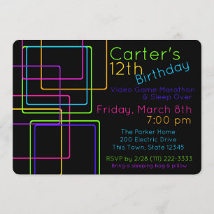 Neon Night Glow Techno Video Sleep Over Birthday Invitation