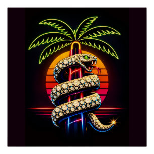 Neon Nights Miami Black Snake Illustration Poster