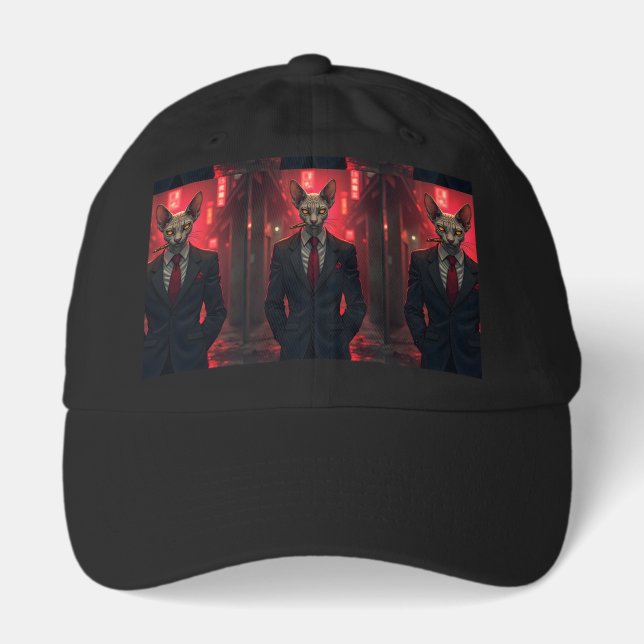 Neon Noir Sphynx Cat in Mafia Style Hat (Front)