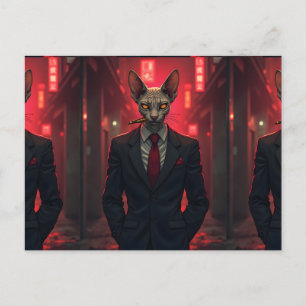 Neon Noir Sphynx Cat in Mafia Style Postcard