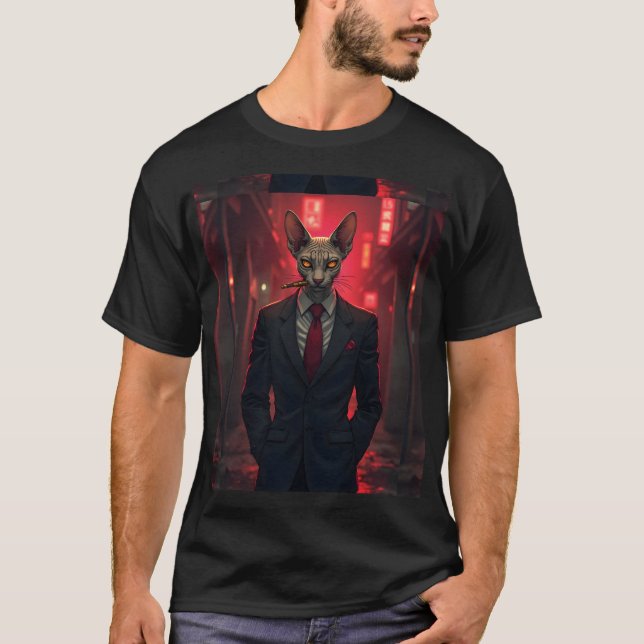 Neon Noir Sphynx Cat in Mafia Style T-Shirt (Front)