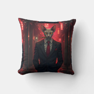 Neon Noir Sphynx Cat in Mafia Style Throw Pillow
