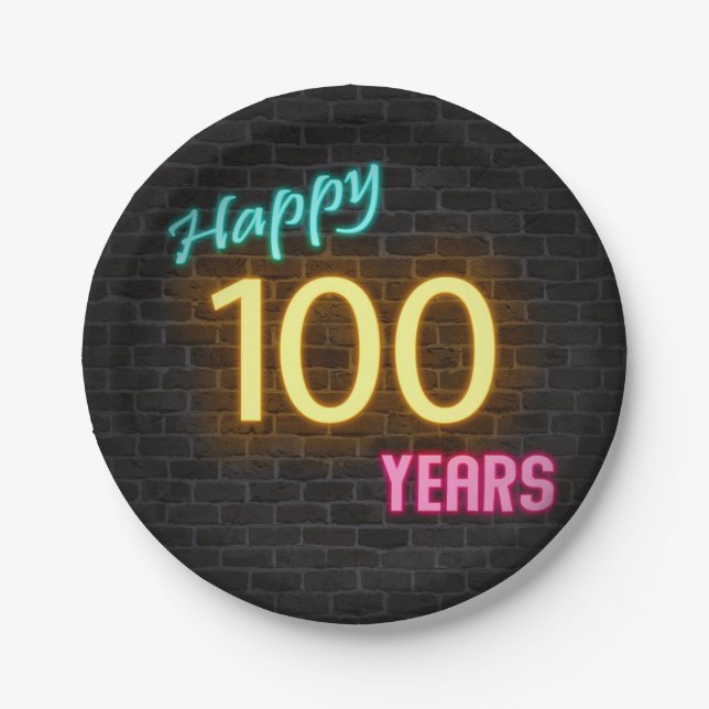 Neon number 100 sign on brick wall paper plates (Front)