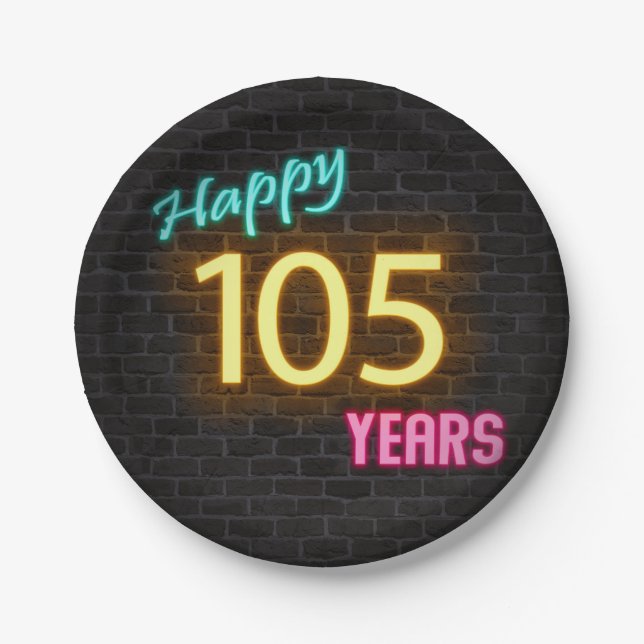 Neon number 105 sign on brick wall paper plates (Front)