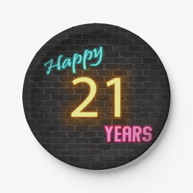 Neon number 21 sign on brick wall paper plates (Front)