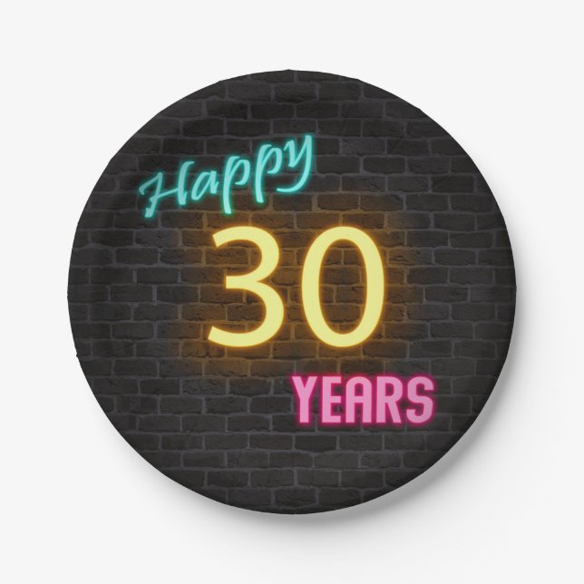 Neon number 30 sign on brick wall paper plates (Front)