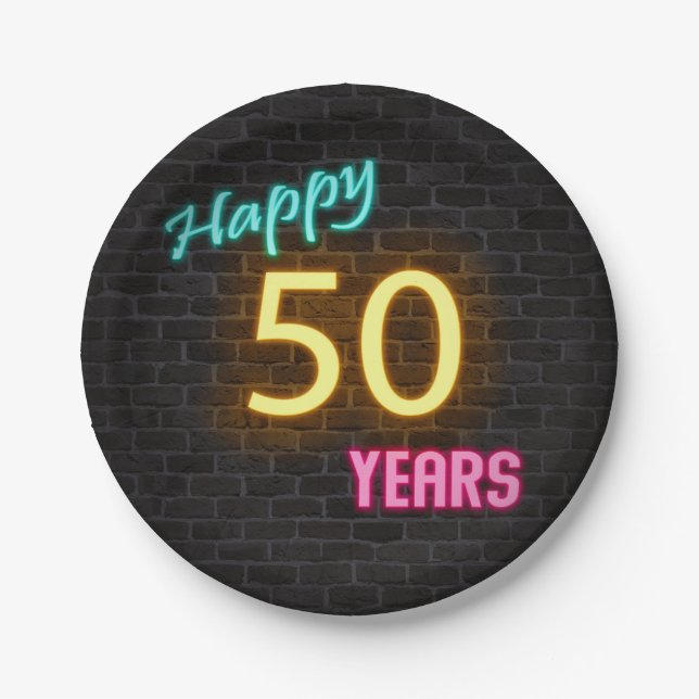 Neon number 50 sign on brick wall paper plates (Front)