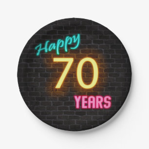 Neon number 70 sign on brick wall paper plates