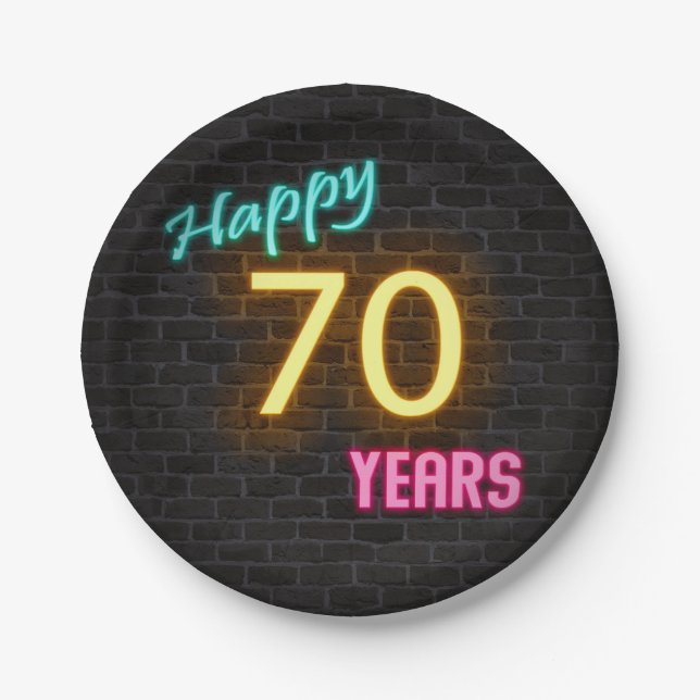 Neon number 70 sign on brick wall paper plates (Front)