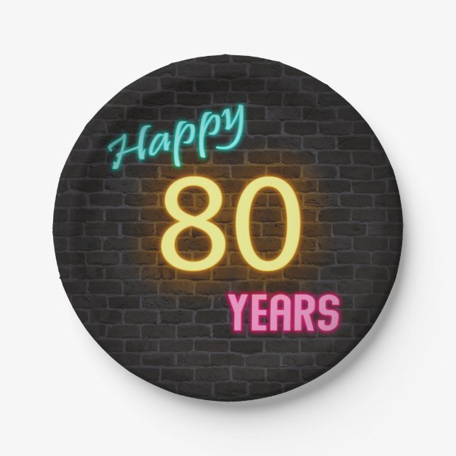Neon number 80 sign on brick wall paper plates (Front)