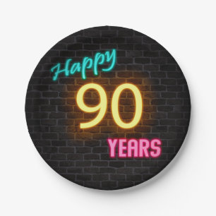 Neon number 90 sign on brick wall paper plates
