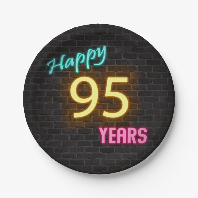 Neon number 95 sign on brick wall paper plates (Front)