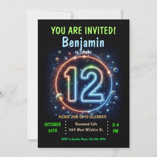 Neon Number Boy 12th Birthday  Invitation
