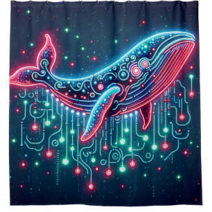 “Neon Ocean Rhythms - Retro Whale Art” Shower Curtain