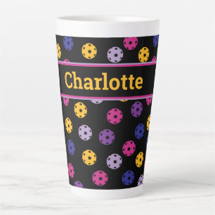 Neon on black pickleball, custom name latte mug