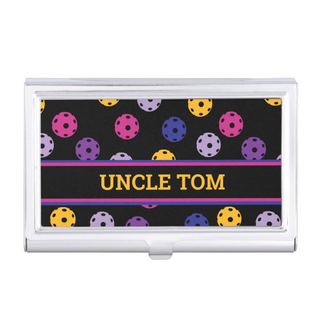 Neon on black pickleball, custom text business card case (Front)